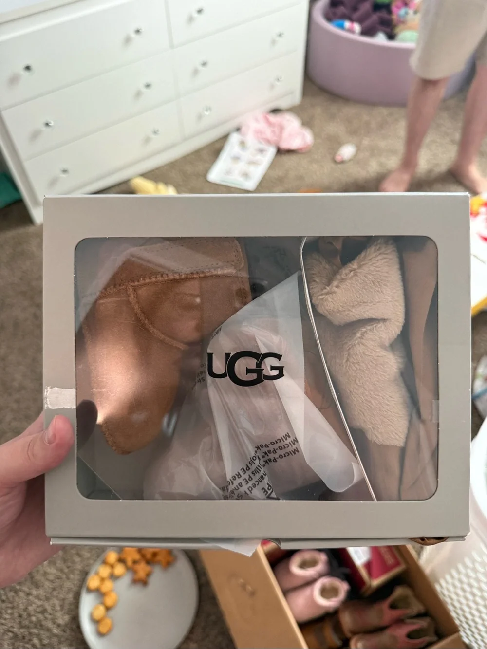 UGG Baby Walker Boots in Chestnut with baby blanket